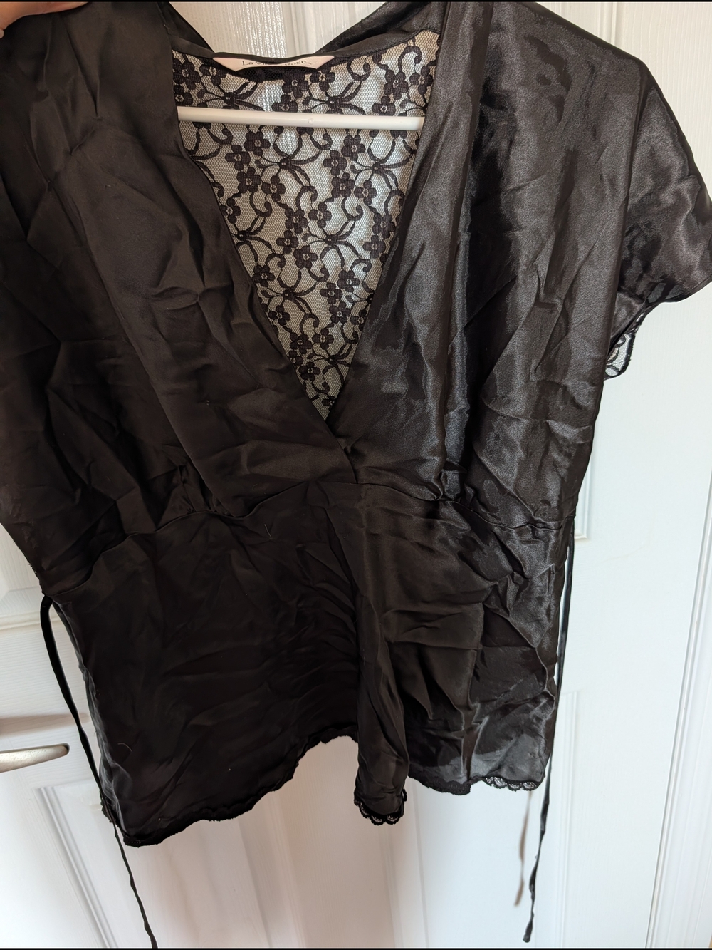 La Vie En Rose Black Satin & Lace Wrap Top